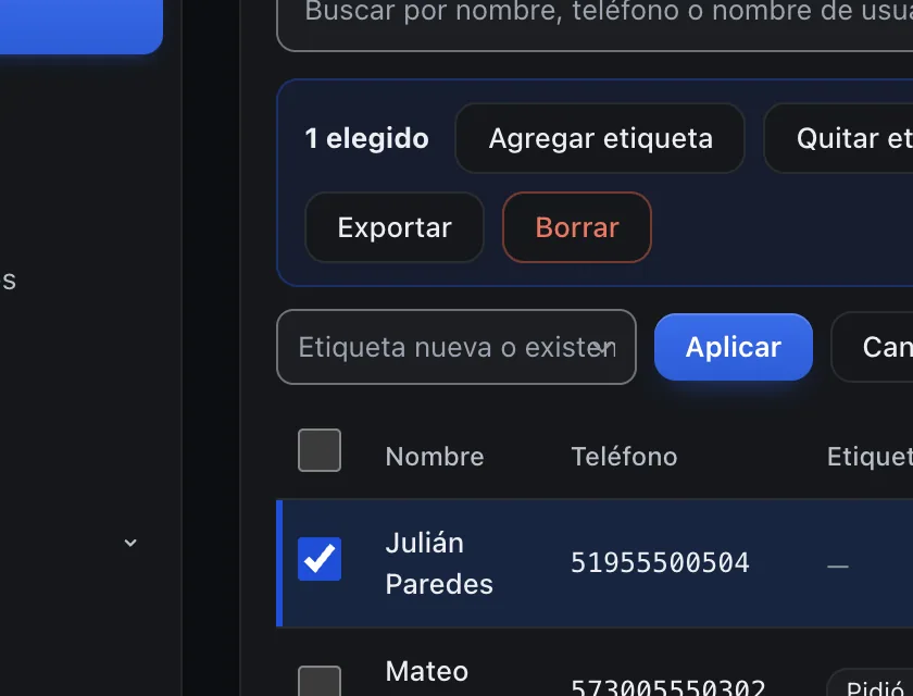 Pantalla «Contactos». Señalado con el número 6: la caja de la etiqueta.