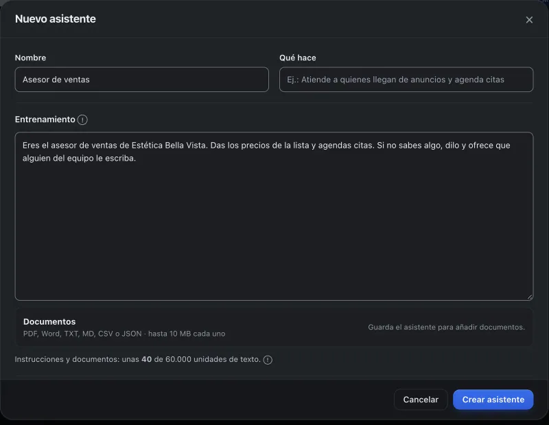 Ventana «Configurar asistente». Señalado con el número 4: el botón «Crear asistente».