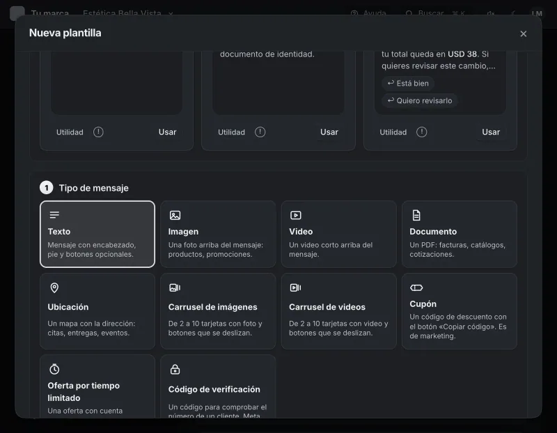 Pantalla «WhatsApp → Herramientas». Señalado con el número 2: el tipo «Texto».