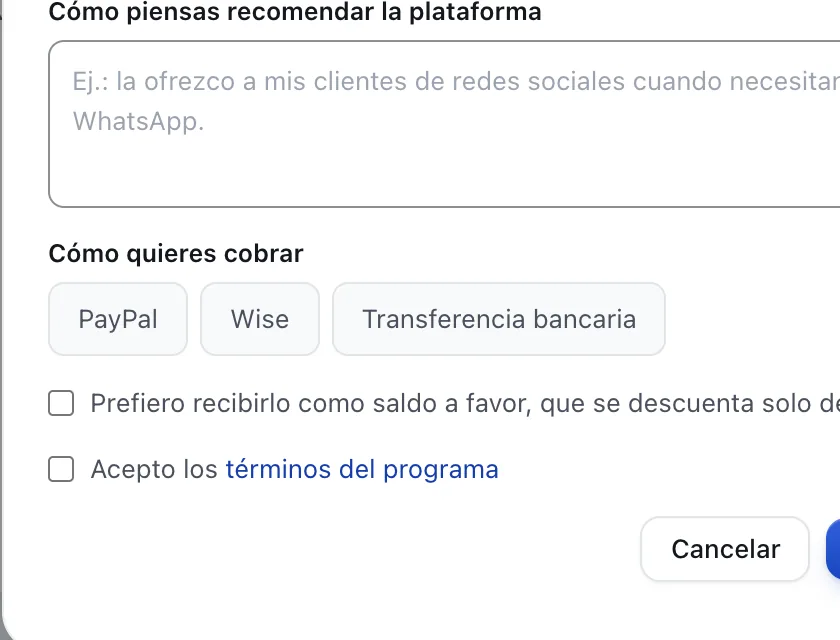 Ventana «Quiero ser aliado». Señalado con el número 4: cómo quieres cobrar.