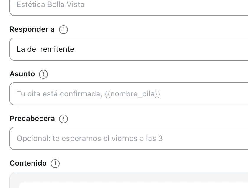 Pantalla «Editor de flujos». Señalado con el número 7: el asunto del correo.