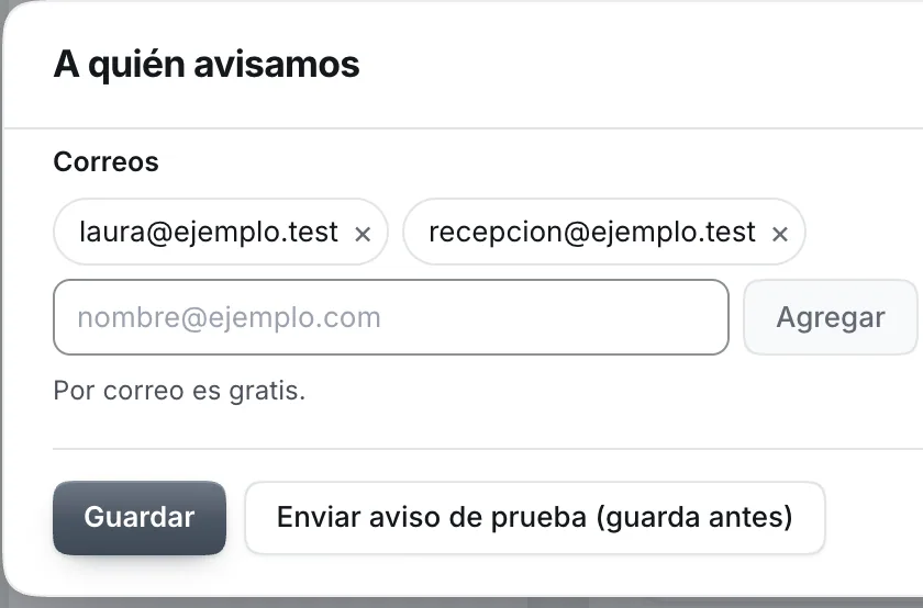 Ventana «A quién avisamos». Señalado con el número 4: los botones para guardar y para el aviso de prueba.