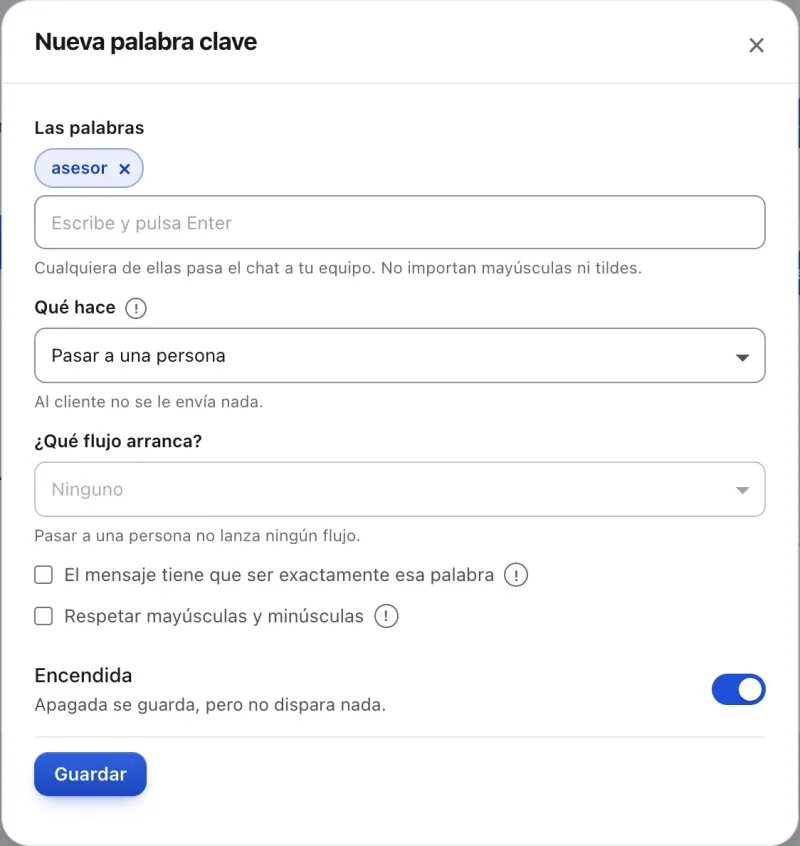Ventana «Nueva palabra clave». Señalado con el número 3: qué hace la palabra clave.