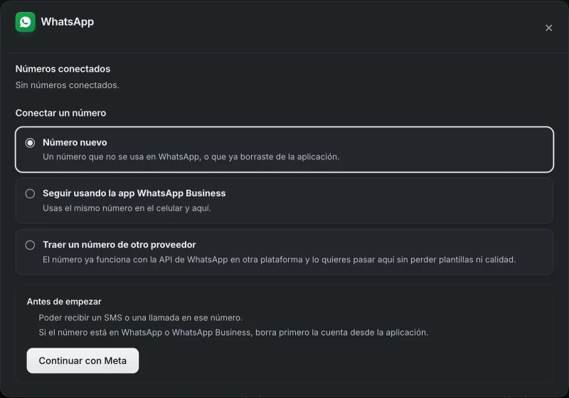 Ventana «WhatsApp». Señalado con el número 3: el botón «Continuar con Meta».