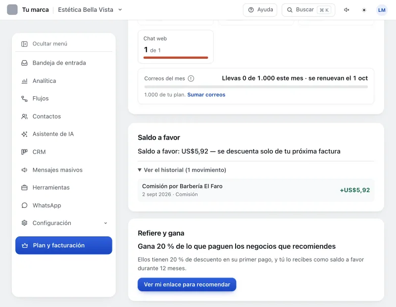 Pantalla «Plan y facturación». Señalado con el número 3: un movimiento del saldo.