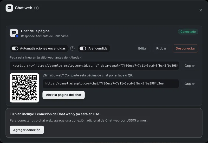 Ventana «Chat web». Señalado con el número 2: la línea de código del chat.
