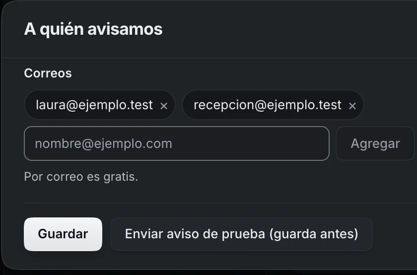 Ventana «A quién avisamos». Señalado con el número 4: los botones para guardar y para el aviso de prueba.