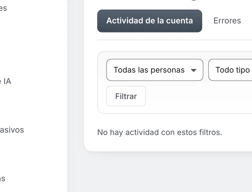 Pantalla «Configuración → Registro de eventos». Señalado con el número 2: el botón «Filtrar».
