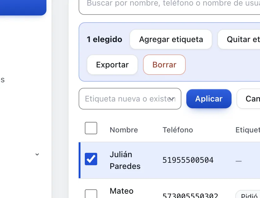 Pantalla «Contactos». Señalado con el número 6: la caja de la etiqueta.