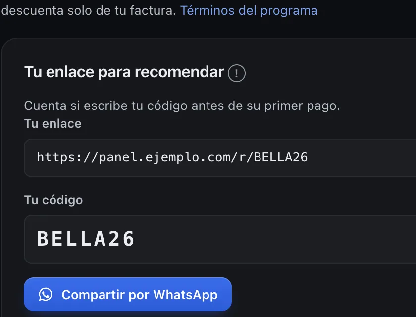 Pantalla «Refiere y gana». Señalado con el número 1: tu enlace para recomendar.