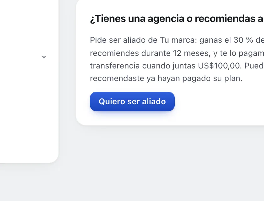 Pantalla «Refiere y gana». Señalado con el número 2: el botón «Quiero ser aliado».