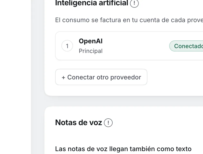 Pantalla «Configuración → Inteligencia artificial». Señalado con el número 1: el botón «+ Conectar otro proveedor».