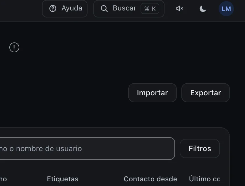 Pantalla «Contactos». Señalado con el número 1: el botón «Importar».