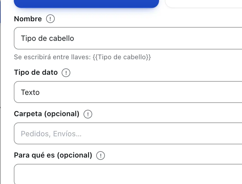 Ventana «Nuevo campo». Señalado con el número 3: el tipo de dato.