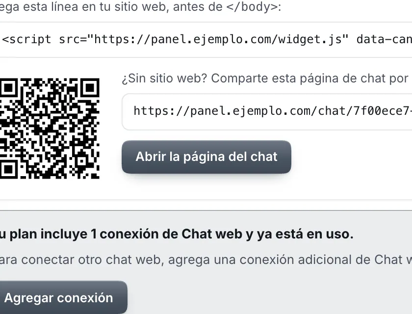 Ventana «Chat web». Señalado con el número 3: el botón «Abrir la página del chat».