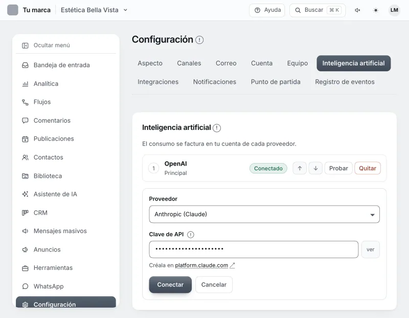 Pantalla «Configuración → Inteligencia artificial». Señalado con el número 4: el botón «Conectar».