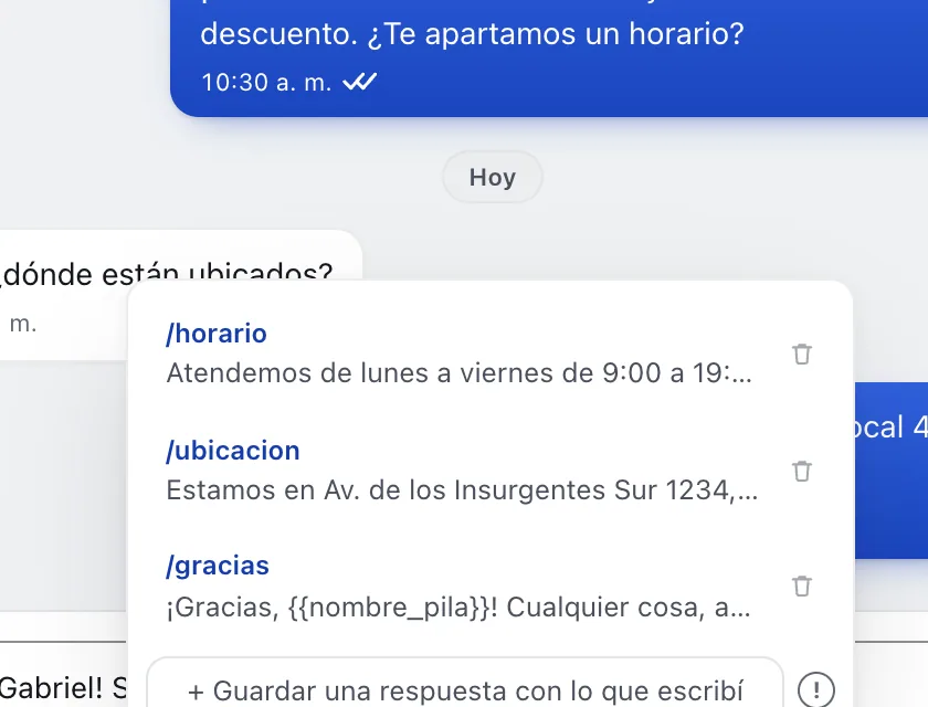Pantalla «Bandeja de entrada». Señalado con el número 5: la respuesta guardada /horario.