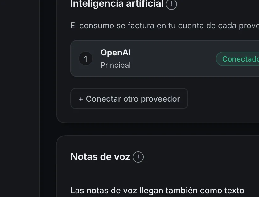 Pantalla «Configuración → Inteligencia artificial». Señalado con el número 1: el botón «+ Conectar otro proveedor».