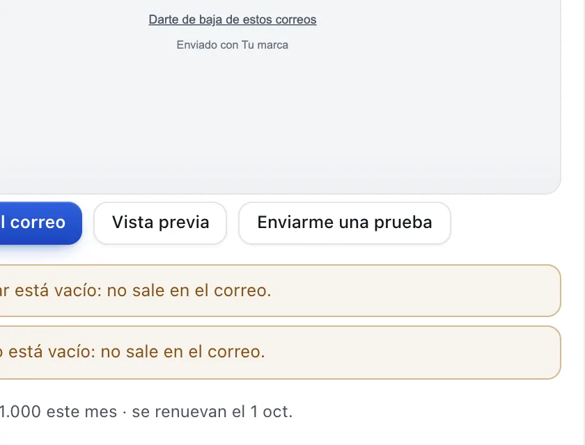 Pantalla «Editor de flujos». Señalado con el número 8: el botón «Enviarme una prueba».