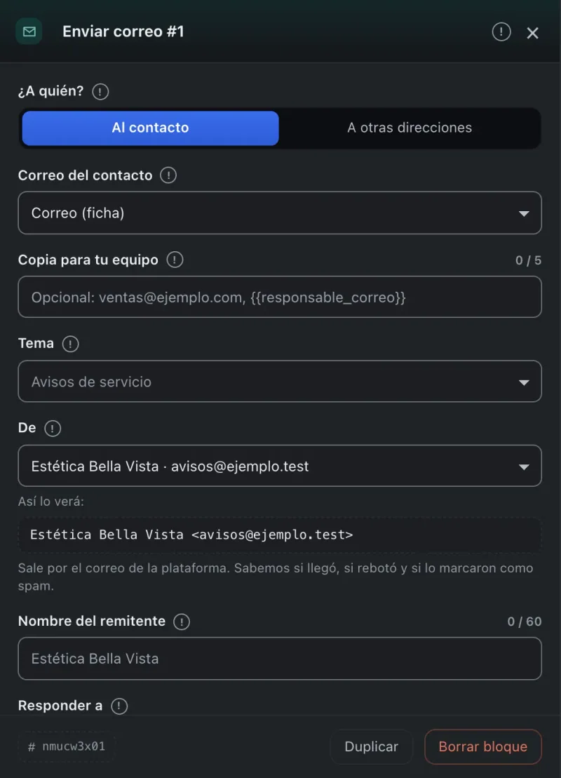 Pantalla «Editor de flujos». Señalado con el número 6: la opción «Al contacto».