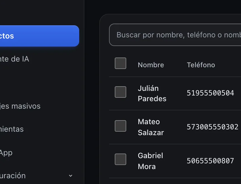Pantalla «Contactos». Señalado con el número 4: la casilla de un contacto.
