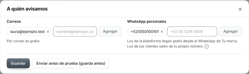 Ventana «A quién avisamos». Señalado con el número 2: la caja para un correo.