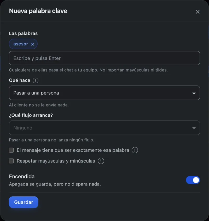 Ventana «Nueva palabra clave». Señalado con el número 3: qué hace la palabra clave.
