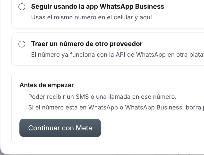 Ventana «WhatsApp». Señalado con el número 3: el botón «Continuar con Meta».