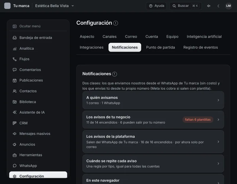 Pantalla «Configuración → Notificaciones». Señalado con el número 1: la fila «A quién avisamos».