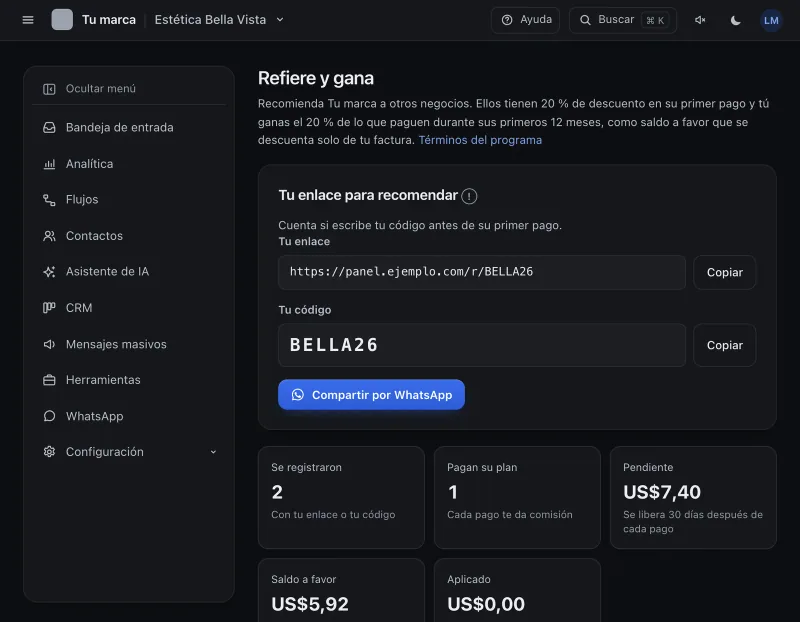 Pantalla «Refiere y gana». Señalado con el número 1: tu enlace para recomendar.