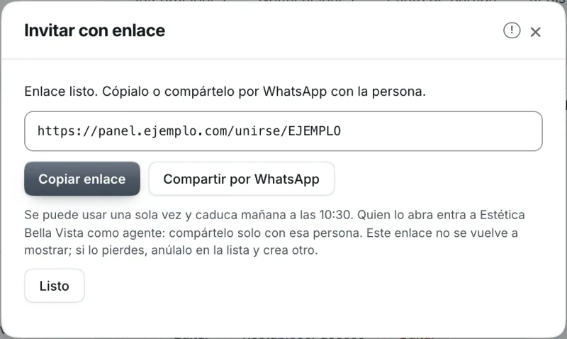 Ventana «Invitar con enlace». Señalado con el número 5: los botones para compartir el enlace.