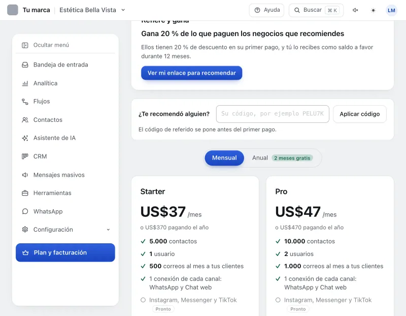 Pantalla «Plan y facturación». Señalado con el número 2: la forma de pago.