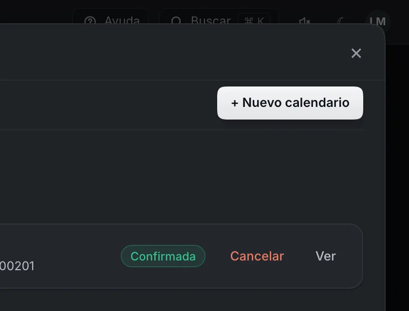 Pantalla «Herramientas». Señalado con el número 2: el botón «+ Nuevo calendario».
