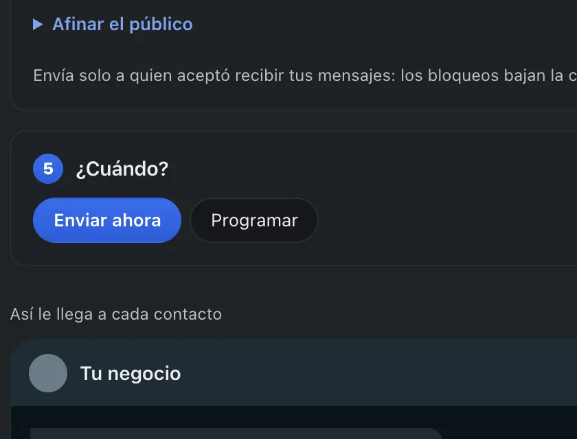 Pantalla «Mensajes masivos». Señalado con el número 8: cuándo sale la campaña.