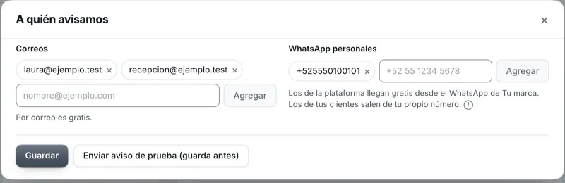 Ventana «A quién avisamos». Señalado con el número 4: los botones para guardar y para el aviso de prueba.