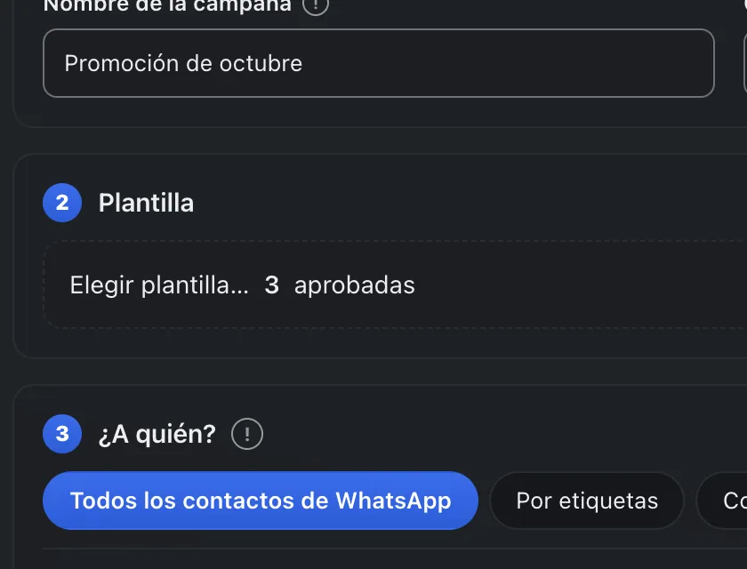 Pantalla «Mensajes masivos». Señalado con el número 3: el botón «Elegir plantilla…».