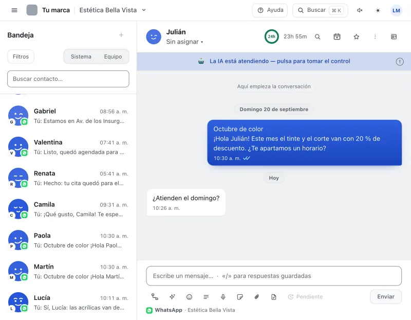 Pantalla «Bandeja de entrada». Señalado con el número 4: el chat de Martín.