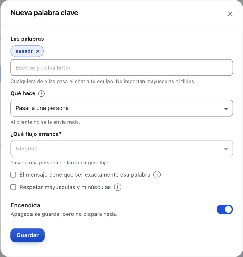 Ventana «Nueva palabra clave». Señalado con el número 4: la casilla «El mensaje tiene que ser exactamente esa palabra».