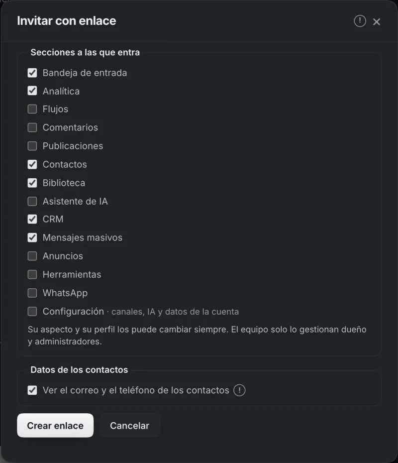 Ventana «Invitar con enlace». Señalado con el número 4: el botón «Crear enlace».
