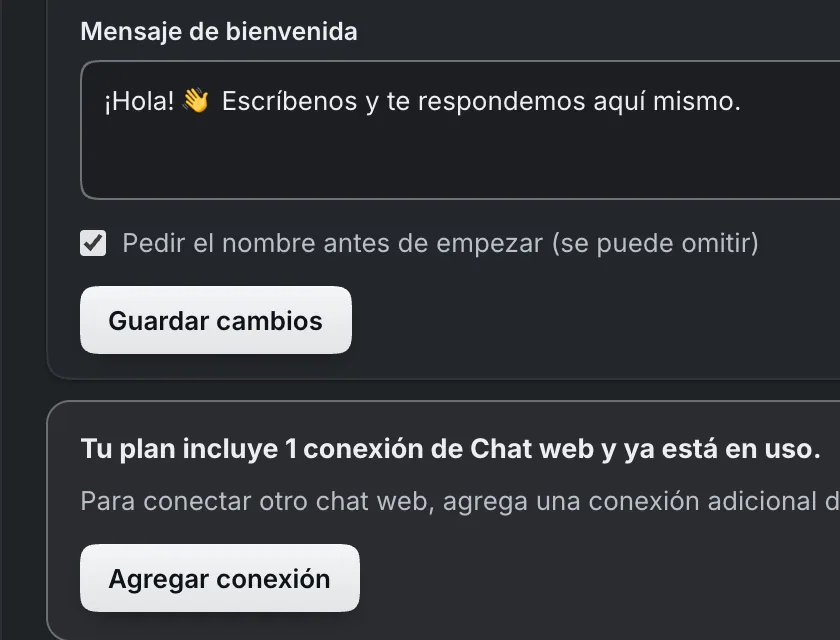 Ventana «Chat web». Señalado con el número 6: el botón «Guardar cambios».