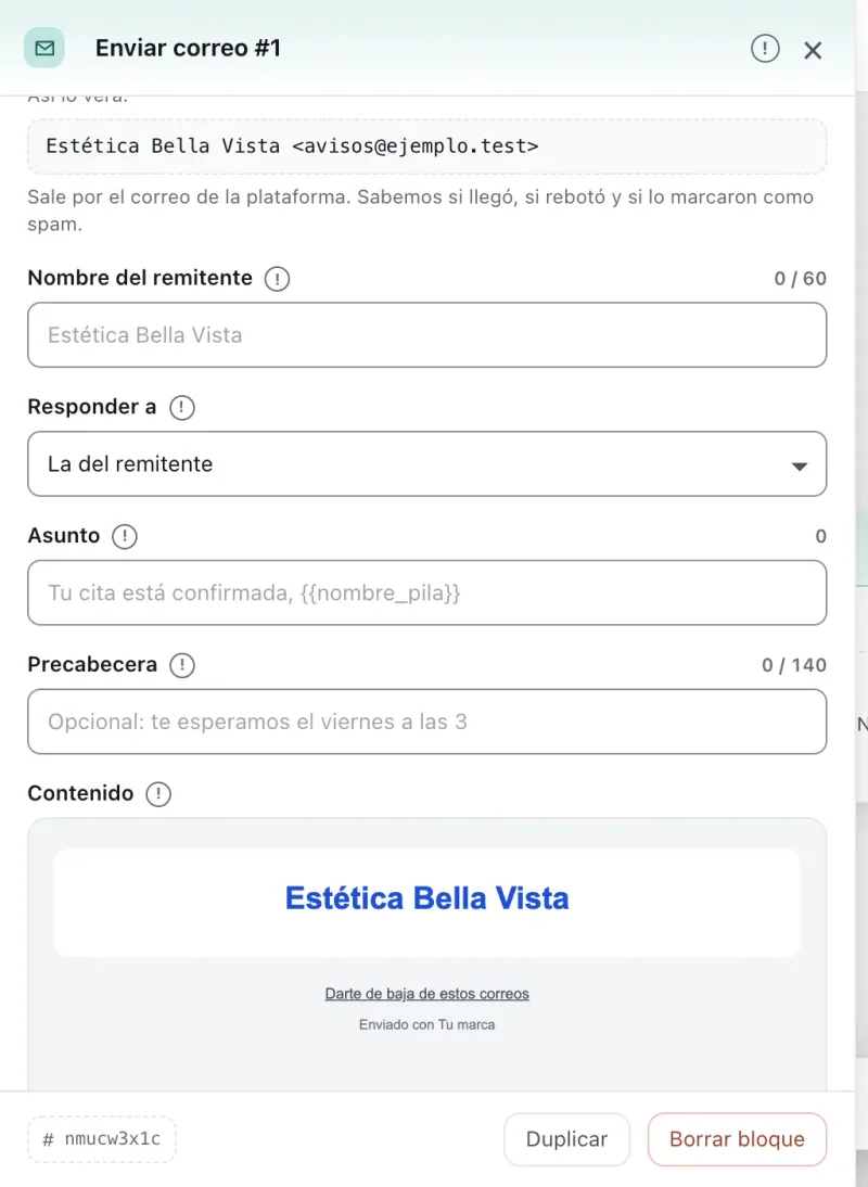 Pantalla «Editor de flujos». Señalado con el número 7: el asunto del correo.