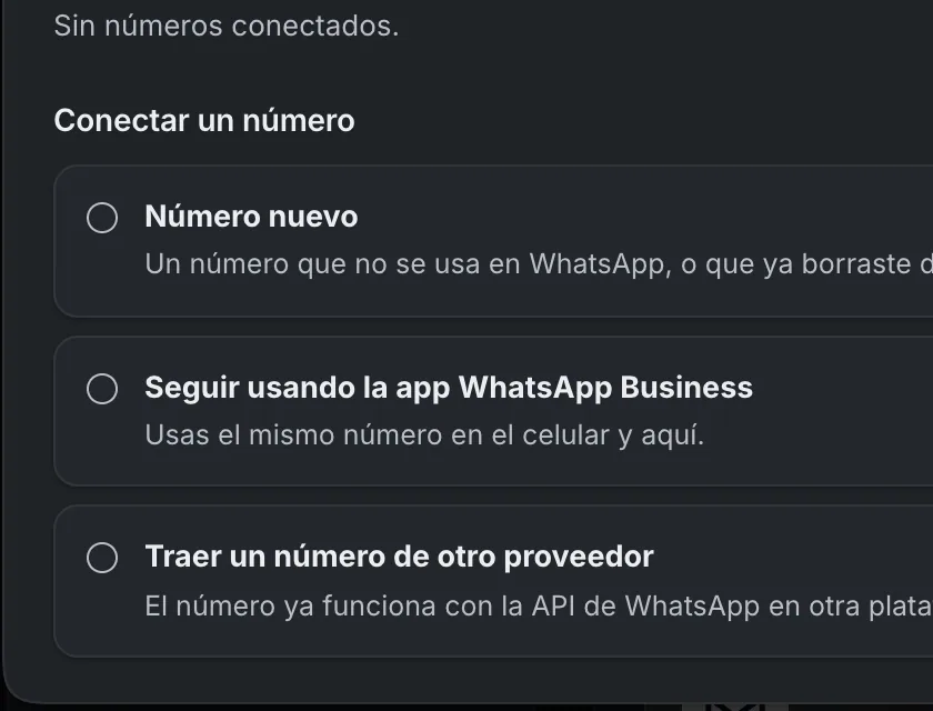 Ventana «WhatsApp». Señalado con el número 2: los caminos para conectar el número.