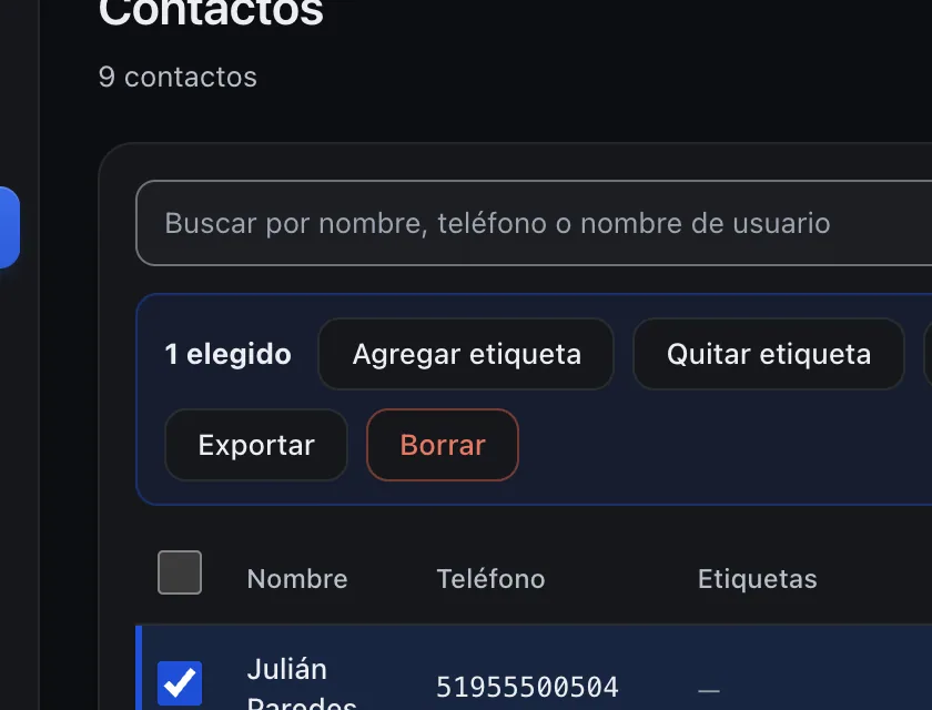 Pantalla «Contactos». Señalado con el número 5: el botón «Agregar etiqueta».