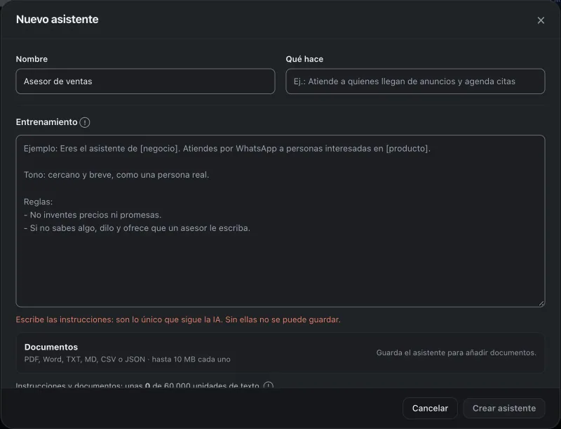 Ventana «Configurar asistente». Señalado con el número 3: las instrucciones del asistente.