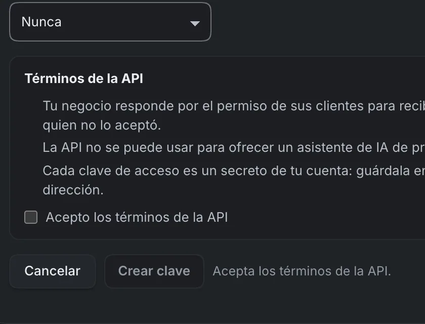Ventana «Crear clave de acceso». Señalado con el número 4: el botón «Acepto los términos de la API» y el botón «Crear clave».