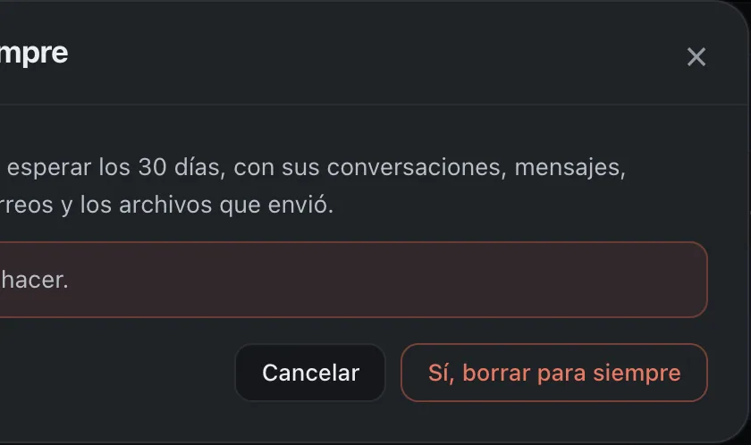 Ventana «Borrar para siempre». Señalado con el número 5: el botón «Sí, borrar para siempre».