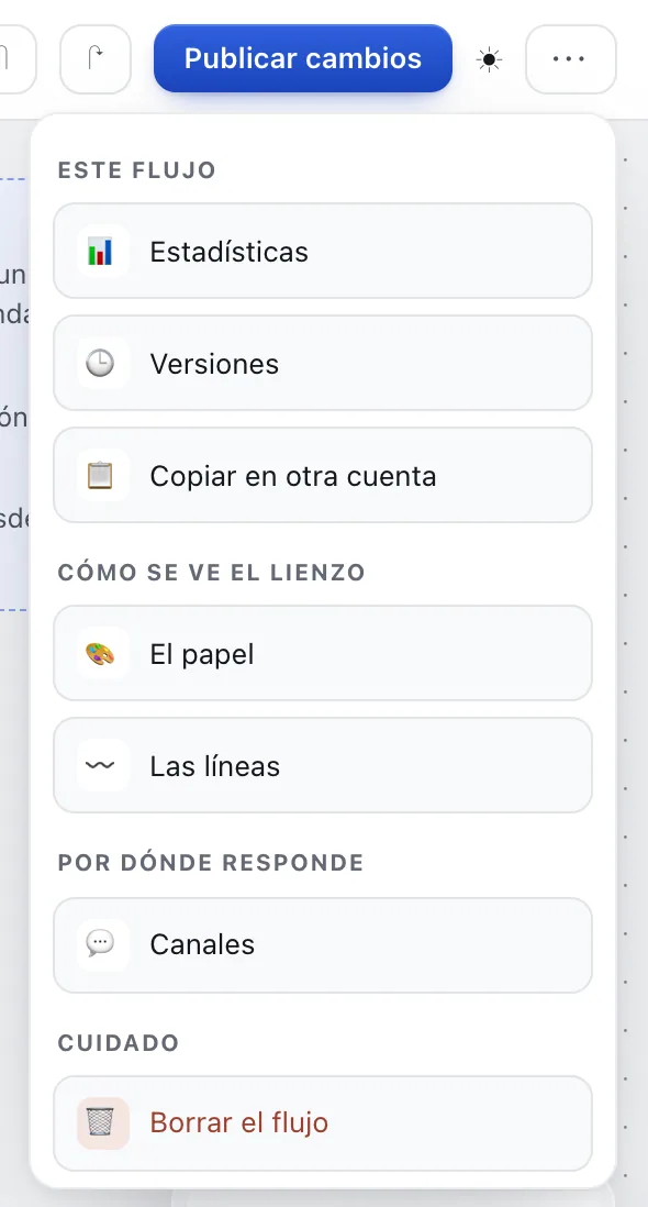 Pantalla «Editor de flujos». Señalado con el número 6: el botón «Versiones».