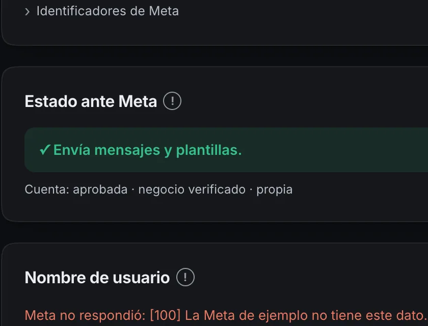 Pantalla «WhatsApp». Señalado con el número 3: el estado ante Meta.