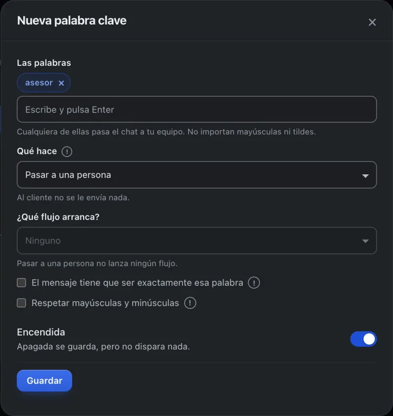 Ventana «Nueva palabra clave». Señalado con el número 4: la casilla «El mensaje tiene que ser exactamente esa palabra».