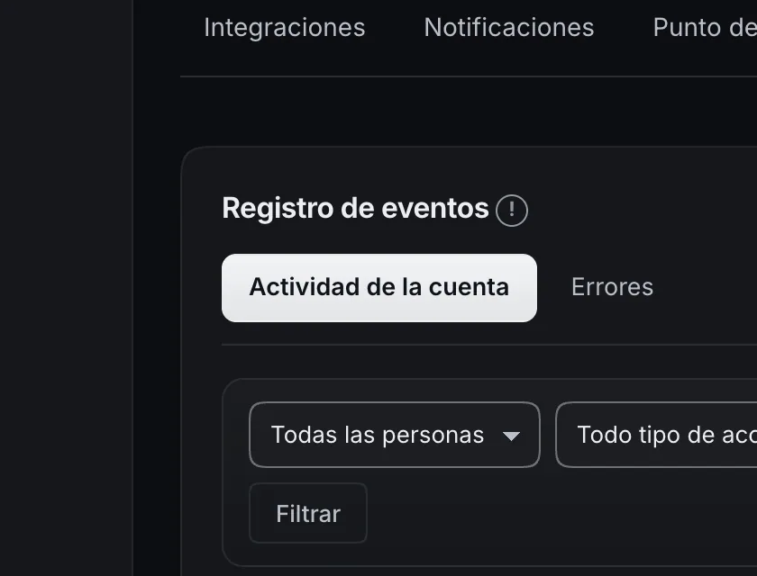 Pantalla «Configuración → Registro de eventos». Señalado con el número 1: la pestaña «Actividad de la cuenta».
